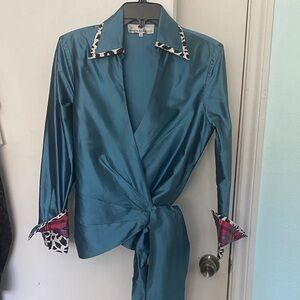100% Thai silk Wrap Top from Marisa Baratelli with Print and Plaid accents, S 8